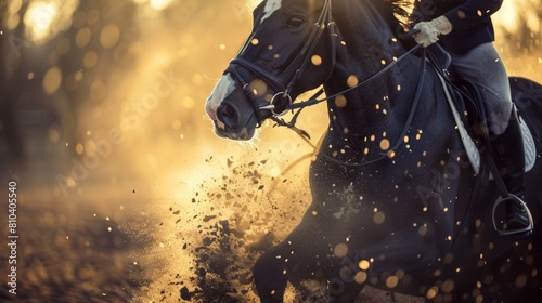 Vibrant close-up of a black horse in a dusty arena, shimmering coat highlighted with rider gripping reins firmly photo