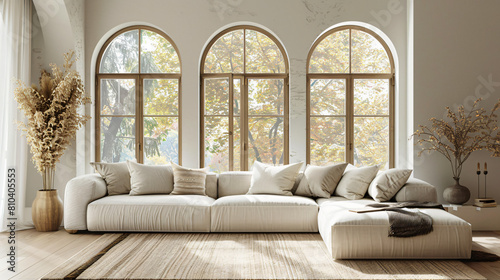 Corner sofa with pillows against arched window. Boho ethnic home interior design of modern living room.