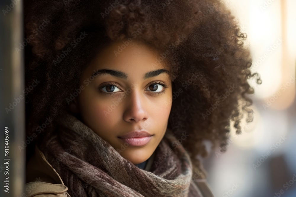 Pensive woman with curly hair and scarf