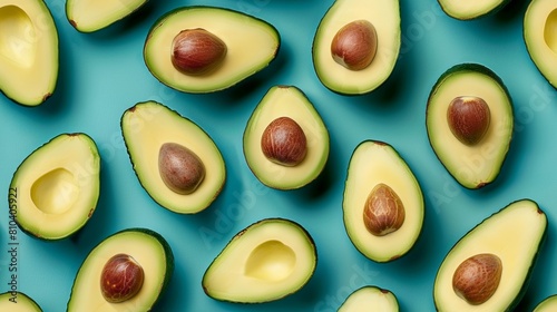 Top view of whole and sliced avocados arranged in an artistic pattern, set on a bright cyan backdrop with studio lighting