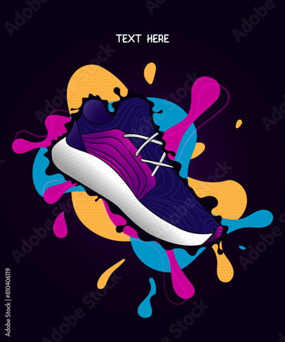 advertising illustration of sports shoe with background in colorful splash shapes and neon light, fun and modern design