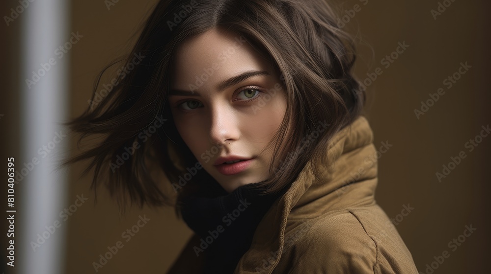 Pensive young woman in warm coat