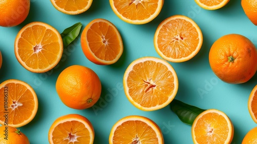 Top-down close-up of oranges  sliced and whole  forming a vibrant pattern on a bright greenish-blue background  isolated