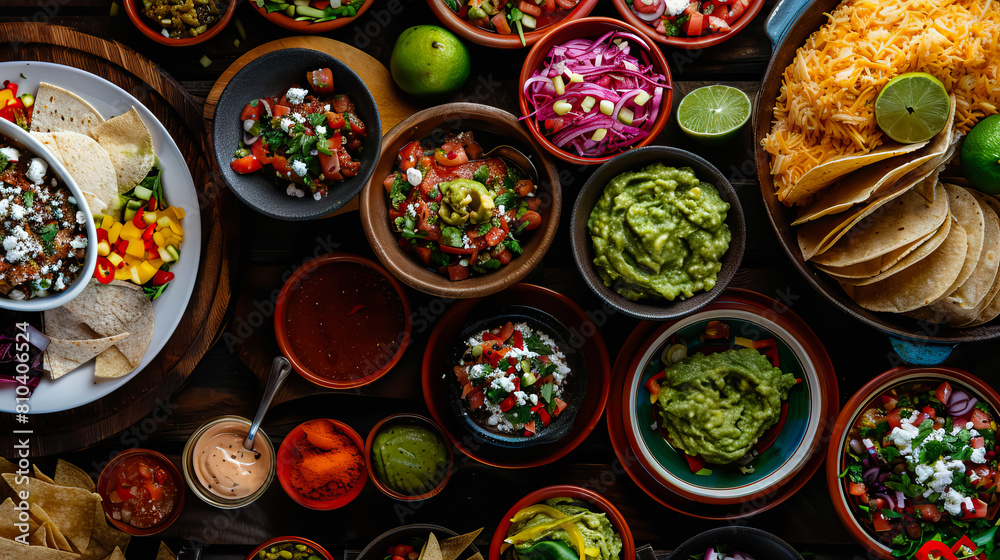 top view flat lay salsa and guacamole in bowls.