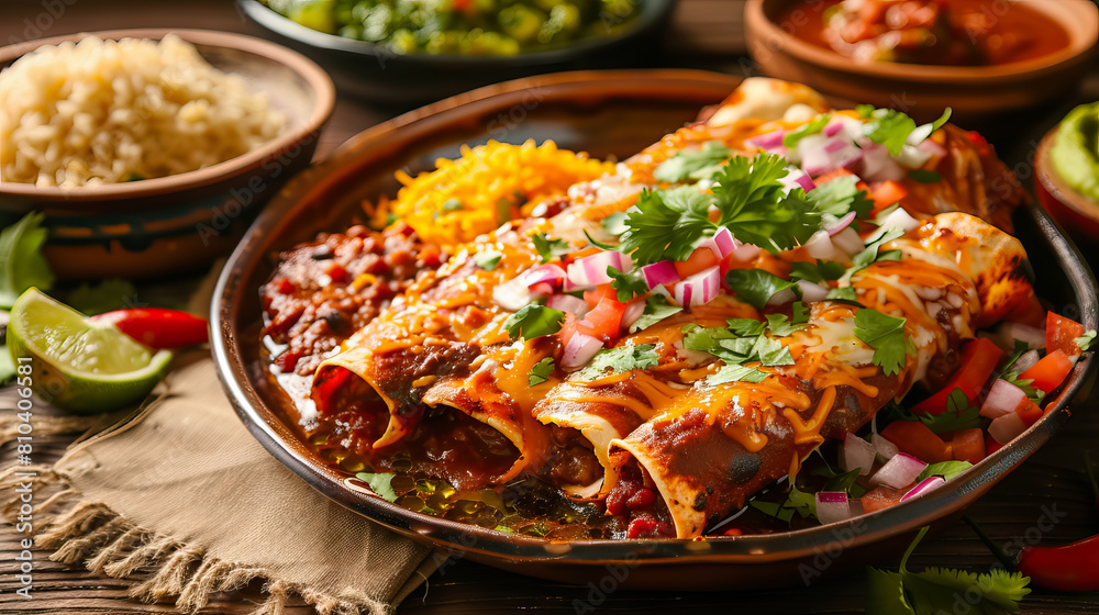 Beef enchiladas with tomato sauce and cheese on wooden plate. Beef enchiladas with tomato sauce and cheese on wooden plate.