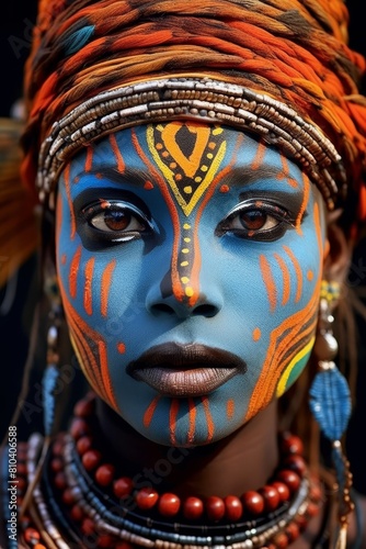 Vibrant tribal face painting and jewelry