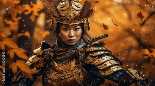 Fierce female warrior in ornate golden armor