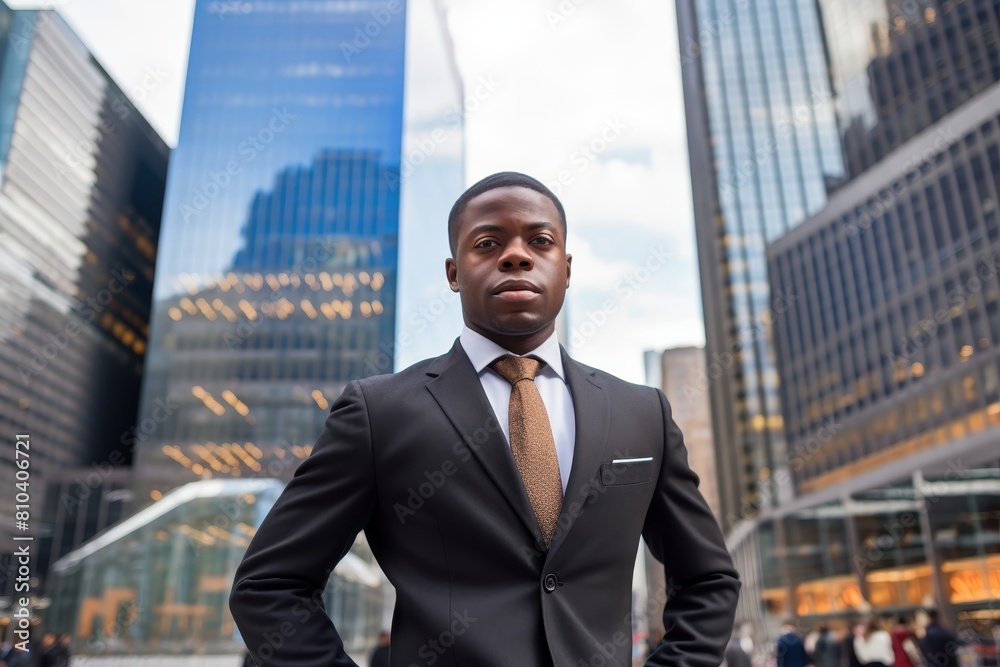 confident businessman in suit standing in front of skyscrapers confident businessman in suit standing in front of skyscrapers