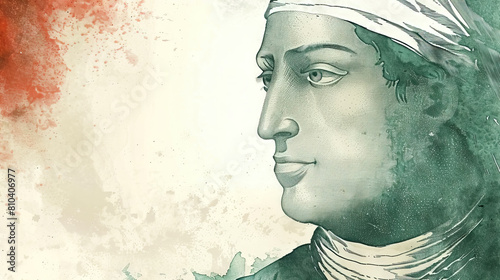 vintage style close up Jose Maria Morelos y Pavon on red, white and green mexican flag color with copy space. photo