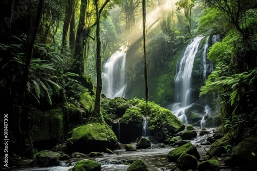 Lush tropical rainforest waterfall landscape