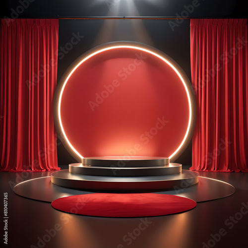 showcase stage podium and spotlight mockup with red carpet and curtain