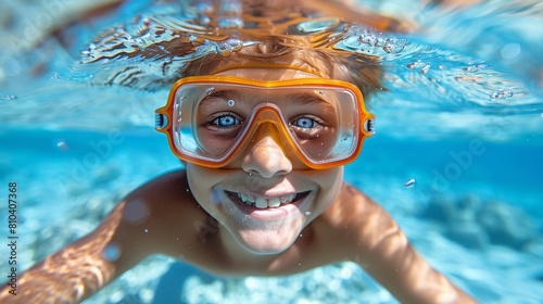 A young boy gleefully smiles while swimming underwater, his bright orange goggles reflecting the vibrant sparkles of sunlight piercing through the clear blue water © aicandy