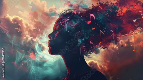 face human and music notes with abstract imagine background photo