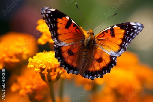 Vibrant orange butterfly on yellow flower