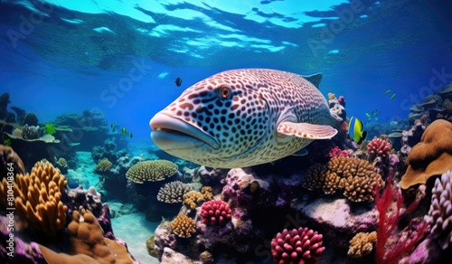 A large and colorful fish swims over a vibrant coral reef. AI.