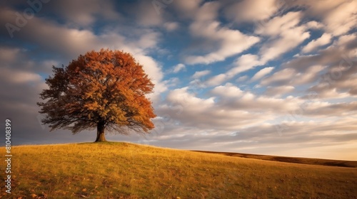 Lone autumn tree on a grassy hill under a cloudy sky