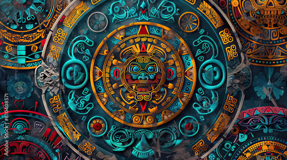 vintage colorful ancient Aztec calendar.