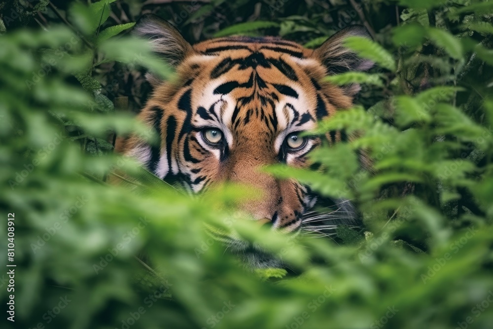 Fierce tiger eyes peering through lush foliage