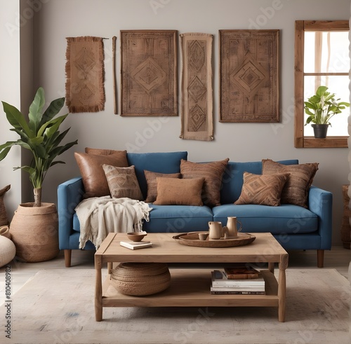 Rustic coffee table near blue sofa with brown pillows against wall with two poster frames. Boho ethnic home interior design of modern living room photo