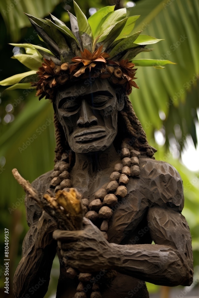 Carved wooden statue of a tribal figure with a headdress of leaves and flowers