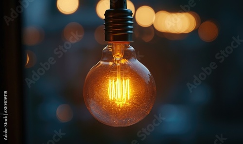 Glowing tungsten filament of a lit light bulb. AI. photo