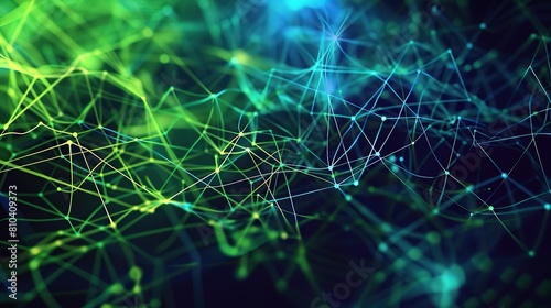 An intricate and colorful plexus of neon green and blue lines on a dark background designed to mimic the look of a digital neural network with ample space for text in the lower left corner