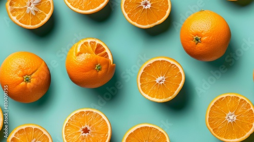 Top-down close-up of oranges, sliced and whole, forming a vibrant pattern on a bright greenish-blue background, isolated