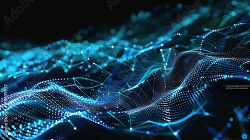 An intricate digital mesh of electric blue and cyan connections on a black background resembling a high-tech ocean wave meticulously designed to include a text box in the lower right corner