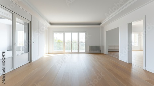 Living room interior with white walls and laminate floor with door leading to balcony. Generative Ai