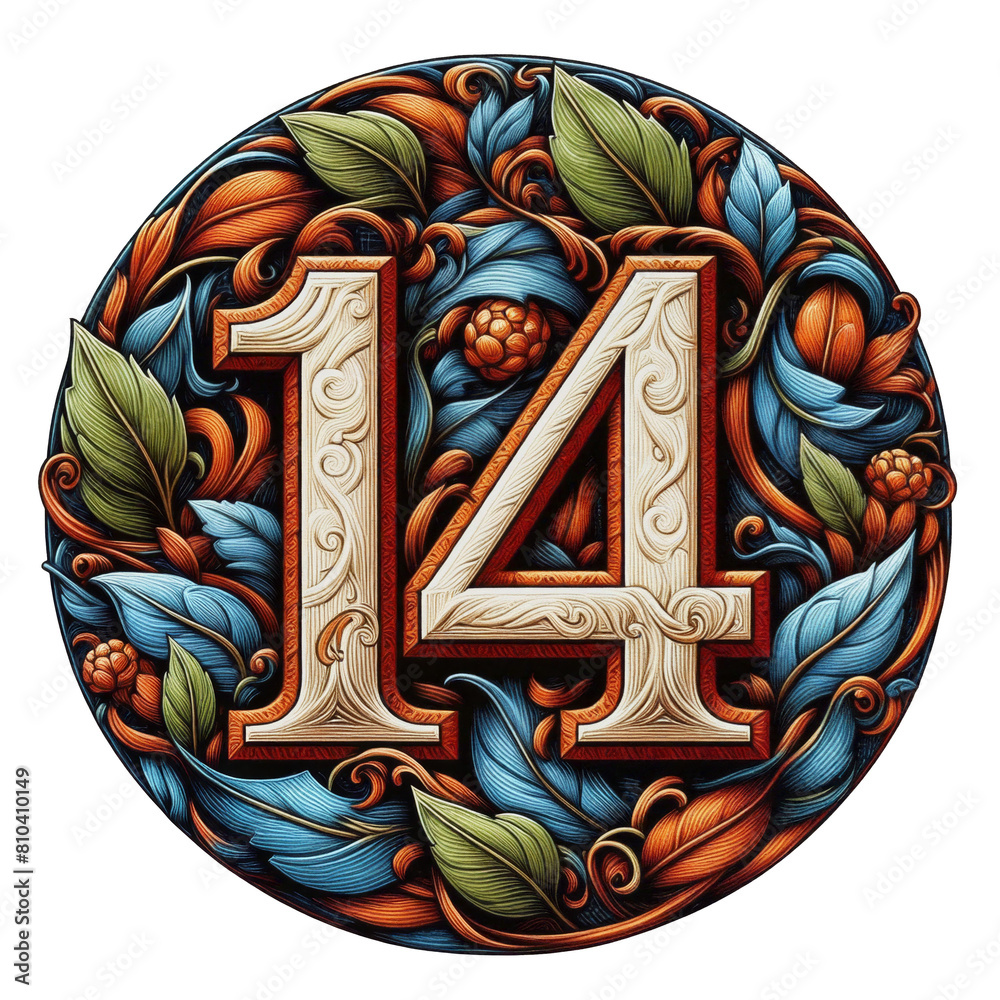 Embellished Number Fourteen (14) Encircled by a Flourishing Botanical Motif, Surrounded by a lush wreath decorated with foliage, isolated (cut off) background Embellished Number Fourteen (14) Encircled by a Flourishing Botanical Motif, Surrounded by a lush wreath decorated with foliage, isolated (cut off) background