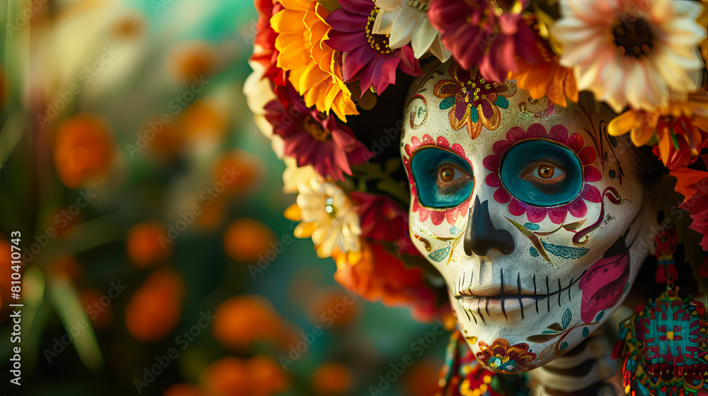 close up La Catrina face with copy space for Day of the Dead. close up La Catrina face with copy space for Day of the Dead.