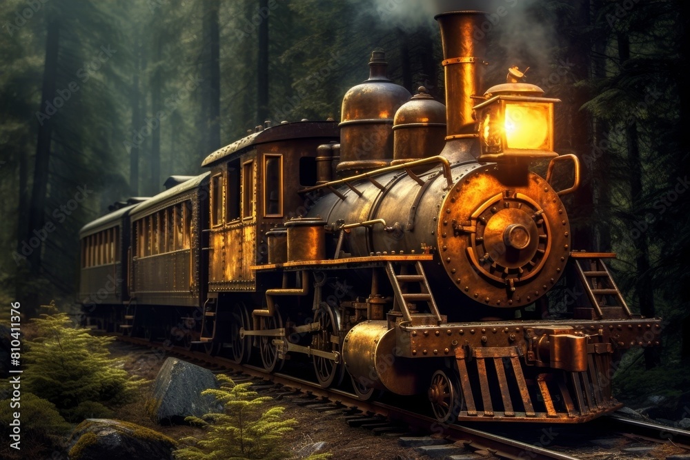 Vintage steam locomotive in a misty forest