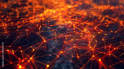 An intricate web of glowing orange and red lines interconnected on a dark backdrop creating a fiery plexus effect with a designated space for text along the top edge photo