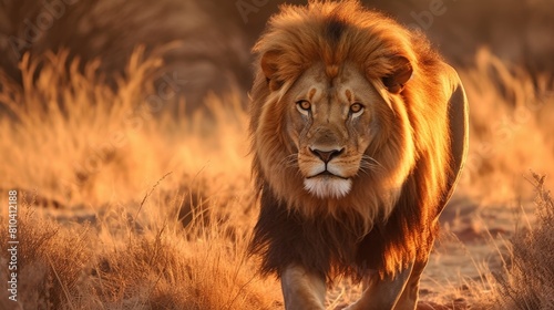 Majestic lion walking through the savanna