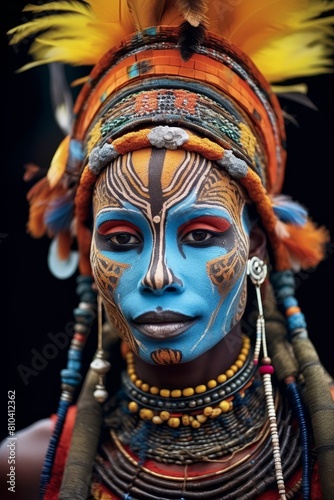 Vibrant tribal face paint and headdress