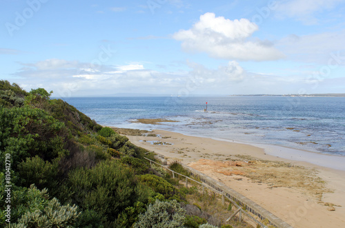 Beach  ocean and grassy green hill at Queenscliff in Victoria  Australia