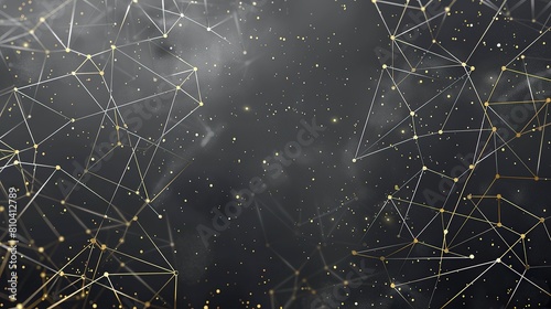 An intricate web of gold and silver lines connecting scattered dots across a deep charcoal grey background creating a sophisticated network with a clear space for text in the center photo