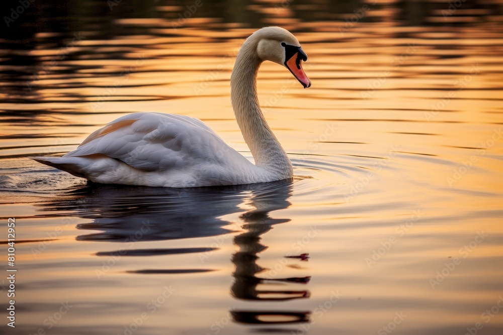 Fototapeta premium Elegant swan swimming in golden sunset reflection