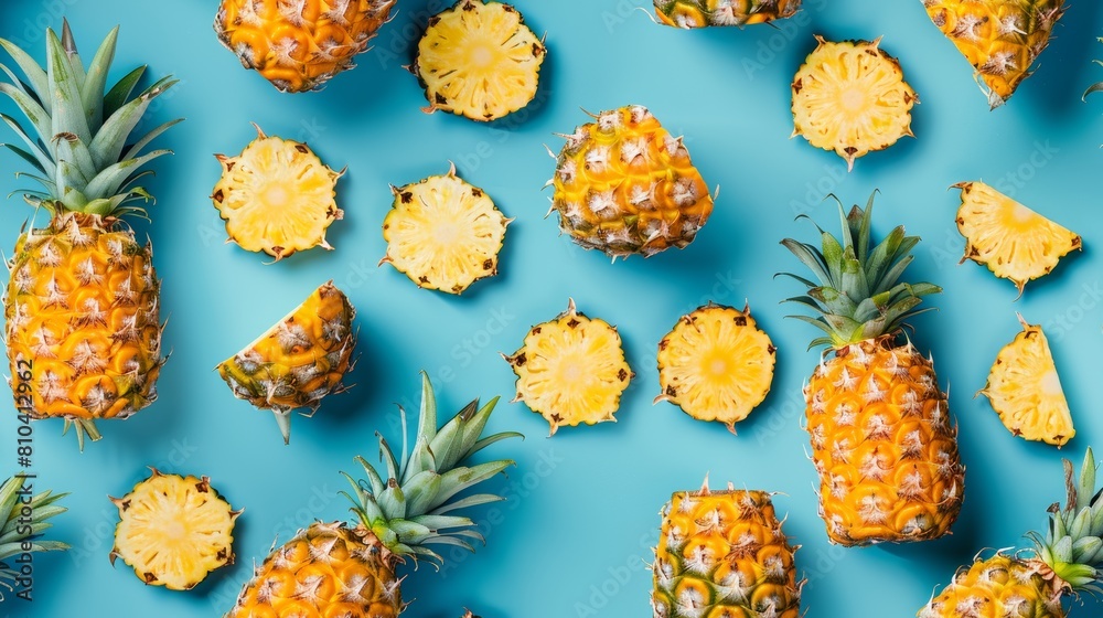 Studio-lit top-down shot of pineapples, whole and sliced, making an intricate pattern on a soothing blue background Studio-lit top-down shot of pineapples, whole and sliced, making an intricate pattern on a soothing blue background