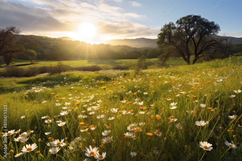 Scenic sunset over a lush green meadow with wildflowers