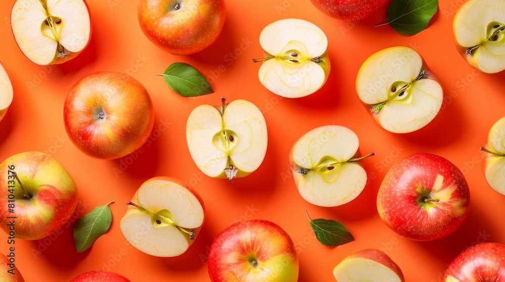 Studio-lit close-up of apple slices and whole apples arranged creatively on a bright orange background, isolated, tile style Studio-lit close-up of apple slices and whole apples arranged creatively on a bright orange background, isolated, tile style