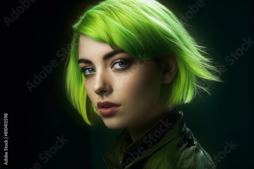 Vibrant green-haired woman with striking makeup