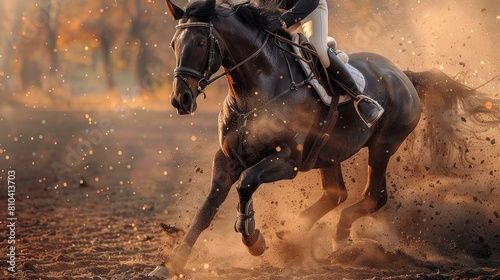 Shimmering black coat of a horse galloping through the arena, reins pulled tight as the rider maintains control, dust swirling photo