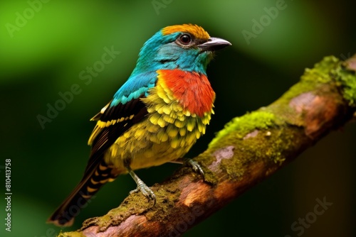 Colorful tropical bird perched on branch