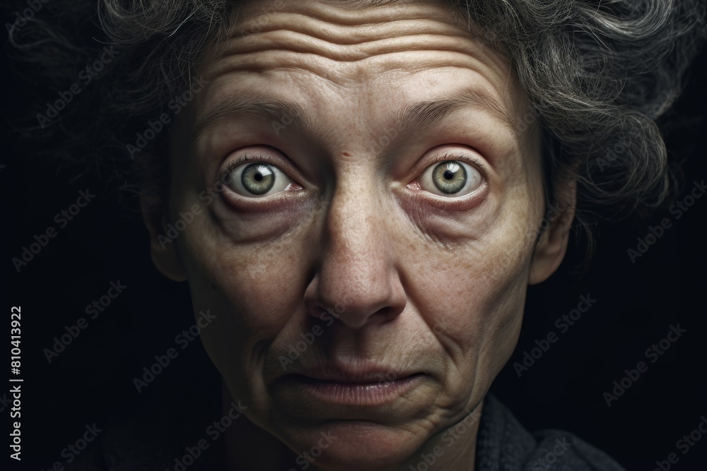 Intense expression of a mature woman with deep wrinkles and piercing eyes