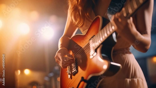  a woman's hand strumming a guitar at a concert, with the stage lights photo