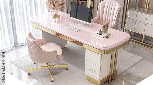 pink home office desk in the style of light white and light gold . Generative Ai