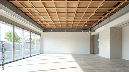 plank ceilings and blank white walls  sunlight enter the room. Generative Ai