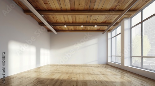plank ceilings and blank white walls, sunlight enter the room. Generative Ai photo