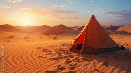 orange campsite in the middle of the desert on a sunset
